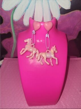Pink Heart Top Horse Dangle Earrings